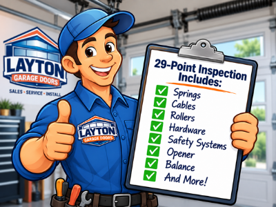 Layton Garage Doors technician showing the 29-point inspection checklist